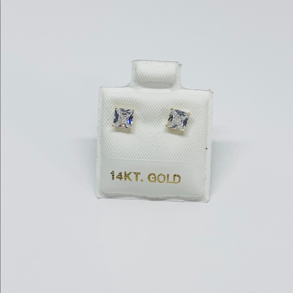 14k Solid Gold Studs Earrings 4mm Princess Cut